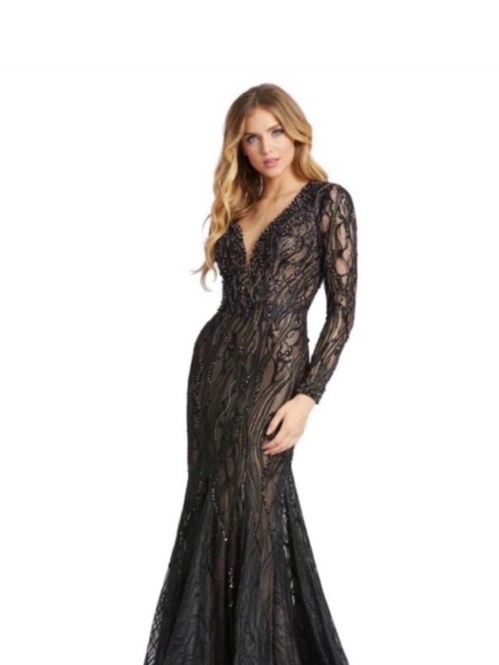 Mac Duggal Beaded Illusion Long Sleeve Plunge Neck Gown